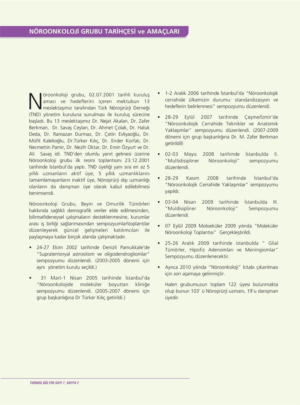 Nejat Akalan, Dr. Zafer Berkman, Dr. Savafl Ceylan, Dr. Ahmet Çolak, Dr. Haluk Deda, Dr. Ramazan Durmaz, Dr. Çetin Evliyao lu, Dr. Müfit Kalelio lu, Dr.Türker K l ç, Dr. Ender Korfal, Dr.