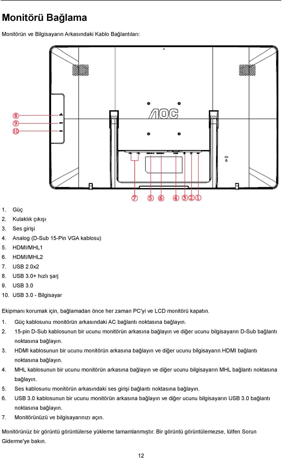 2. 15-pin D-Sub kablosunun bir ucunu monitörün arkasına bağlayın ve diğer ucunu bilgisayarın D-Sub bağlantı noktasına bağlayın. 3.