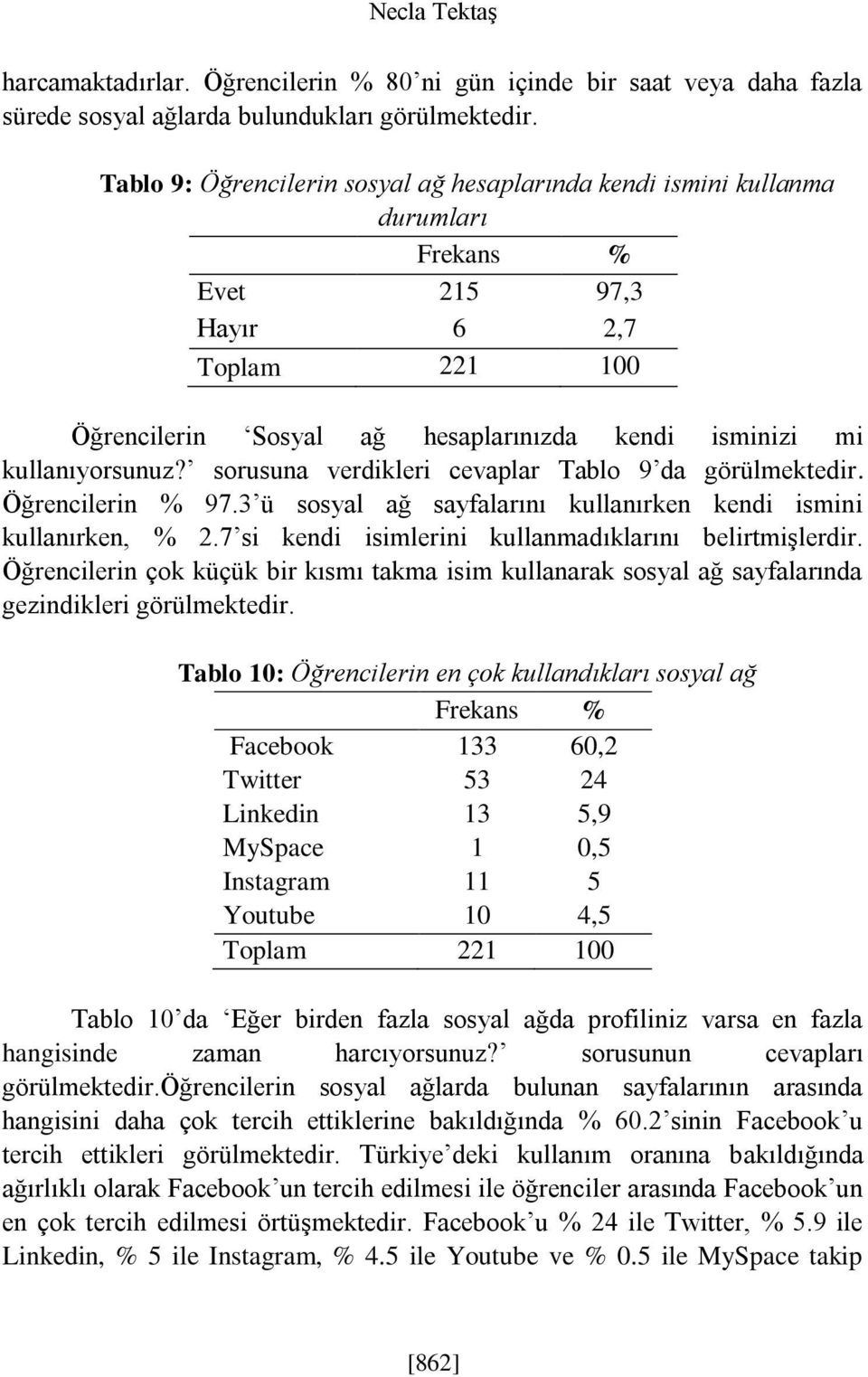 sorusuna verdikleri cevaplar Tablo 9 da görülmektedir. Öğrencilerin % 97.3 ü sosyal ağ sayfalarını kullanırken kendi ismini kullanırken, % 2.7 si kendi isimlerini kullanmadıklarını belirtmişlerdir.