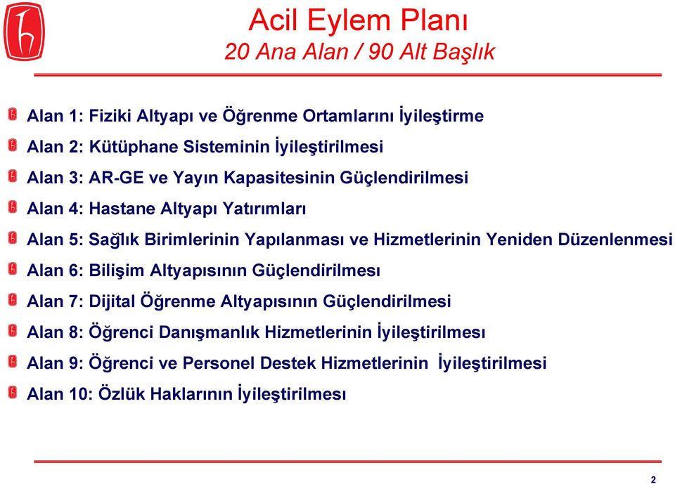 Hizmetlerinin Yeniden Düzenlenmesi Alan 6: Bı lı şı m Altyapısının Güçlendı rı lmesı Alan 7: Dı jı tal Öğrenme Altyapısının Güçlendı rı lmesi Alan 8: