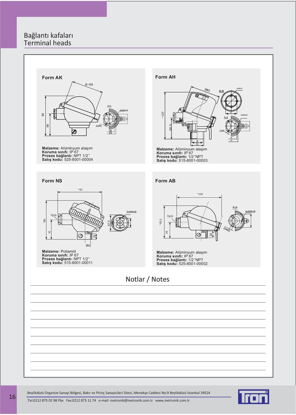 Proses baðlantý: 1/2 NPT Satýþ kodu: 515-8001-00003 38 46 Form NS ~92 Form AB ~110 Pg16 2xM4x8 Pg16 A-A 4xM4x8 16 41 ~80 67.