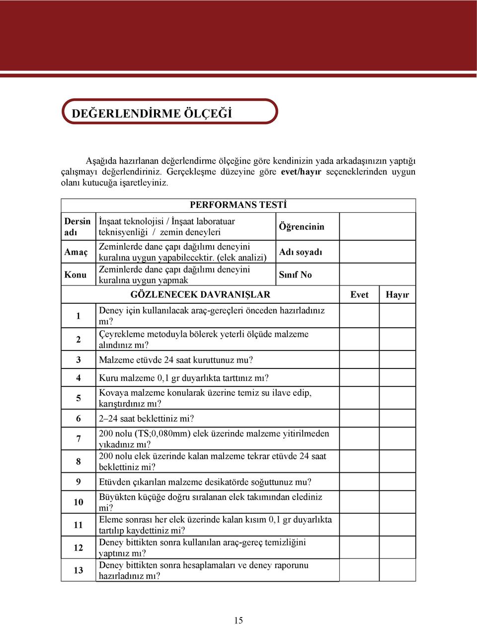 Dersin adı Amaç Konu 1 2 İnşaat tenolojisi / İnşaat laboratuar tenisyenliği / zemin deneyleri PERFORMANS TESTİ Zeminlerde dane çapı dağılımı deneyini uralına uygun yapabilecetir.