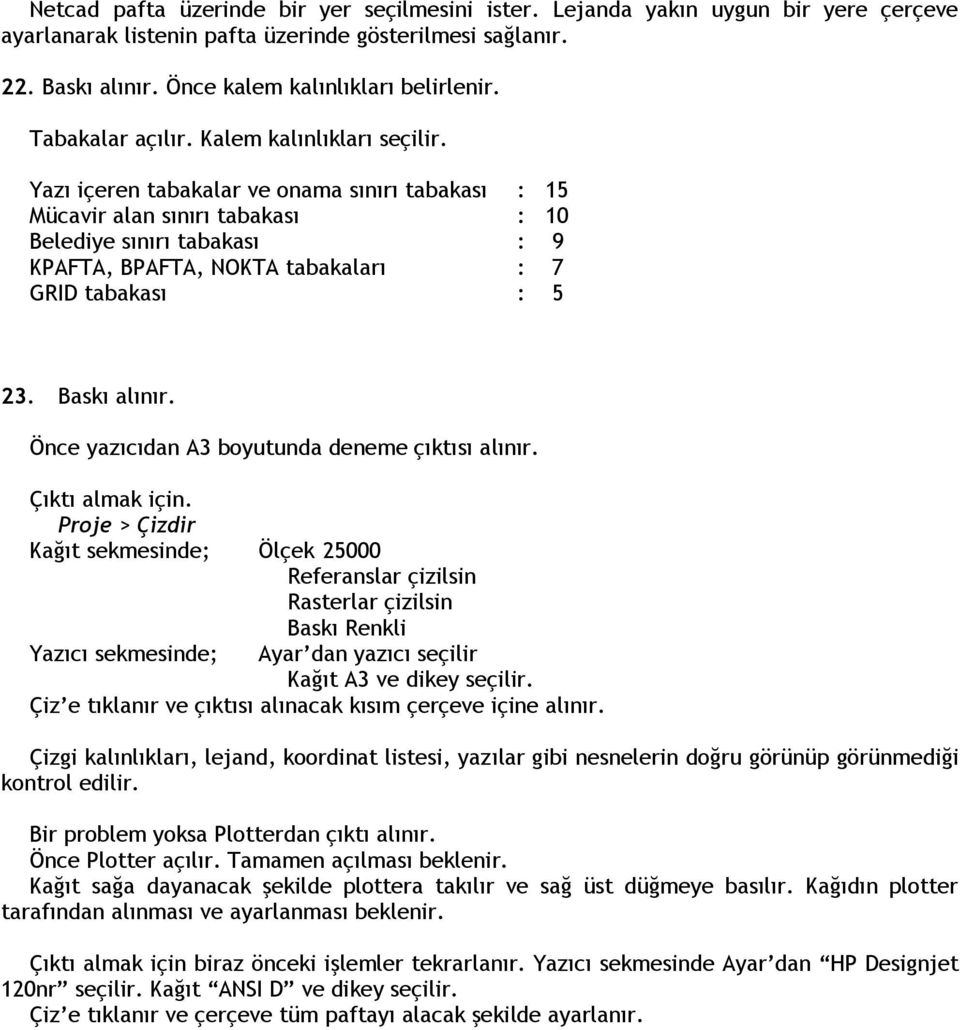 Yazı içeren tabakalar ve onama sınırı tabakası : 15 Mücavir alan sınırı tabakası : 10 Belediye sınırı tabakası : 9 KPAFTA, BPAFTA, NOKTA tabakaları : 7 GRID tabakası : 5 23. Baskı alınır.