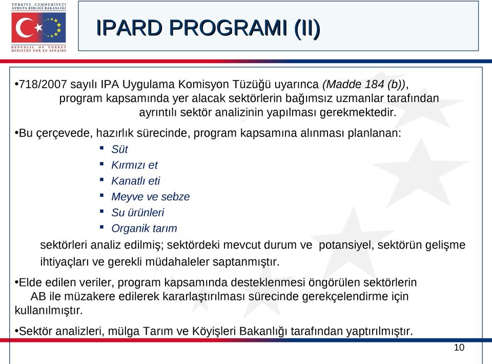 Bu çerçevede, hazırlık sürecinde, program kapsamına alınması planlanan: Süt Kırmızı et Kanatlı eti Meyve ve sebze Su ürünleri Organik tarım sektörleri analiz edilmiş; sektördeki