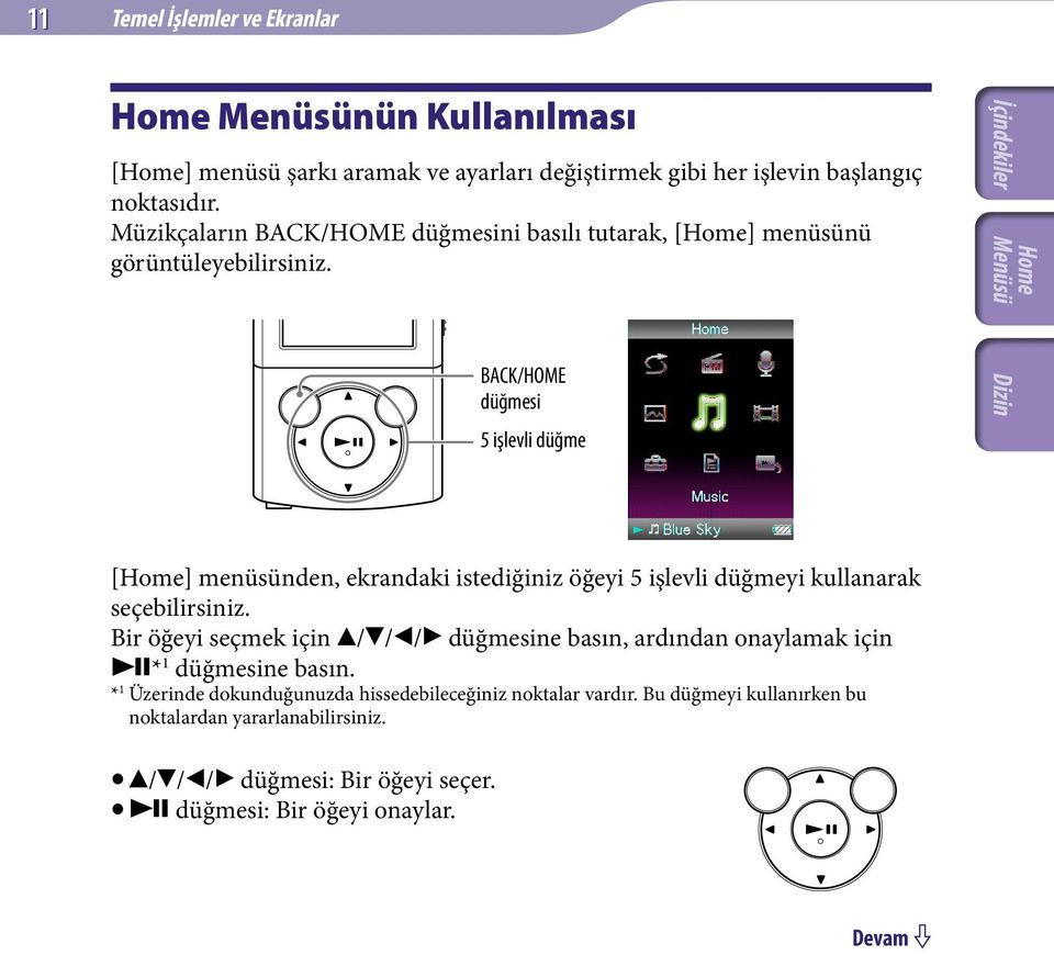 BACK/HOME düğmesi 5 işlevli düğme [Home] menüsünden, ekrandaki istediğiniz öğeyi 5 işlevli düğmeyi kullanarak seçebilirsiniz.