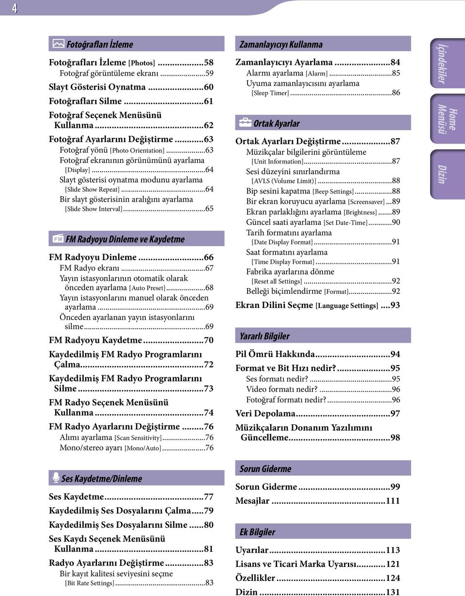 ..64 Bir slayt gösterisinin aralığını ayarlama [Slide Show Interval]...65 FM Radyoyu Dinleme ve Kaydetme FM Radyoyu Dinleme...66 FM Radyo ekranı.
