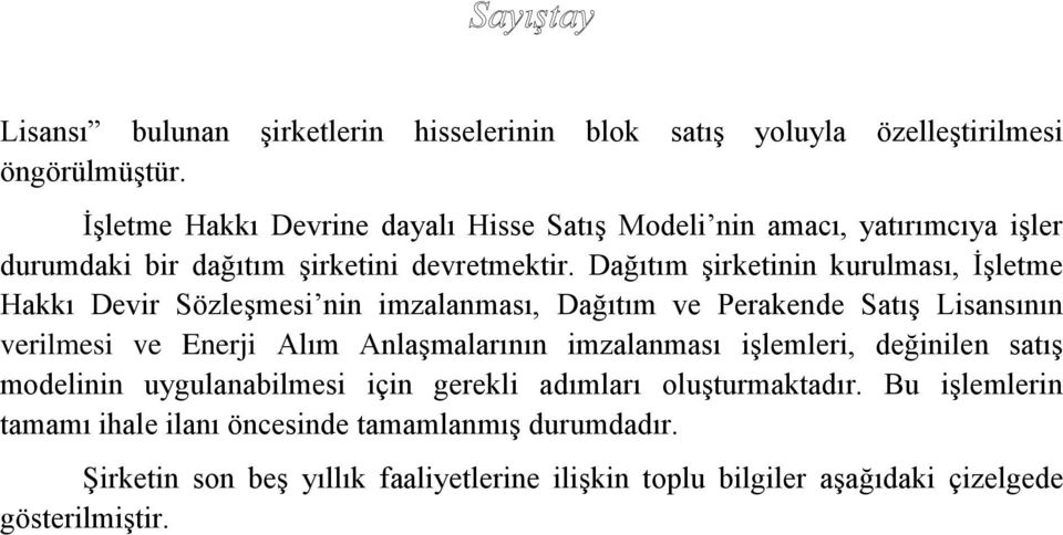 Dağıtım şirketinin kurulması, İşletme Hakkı Devir Sözleşmesi nin imzalanması, Dağıtım ve Perakende Satış Lisansının verilmesi ve Enerji Alım Anlaşmalarının