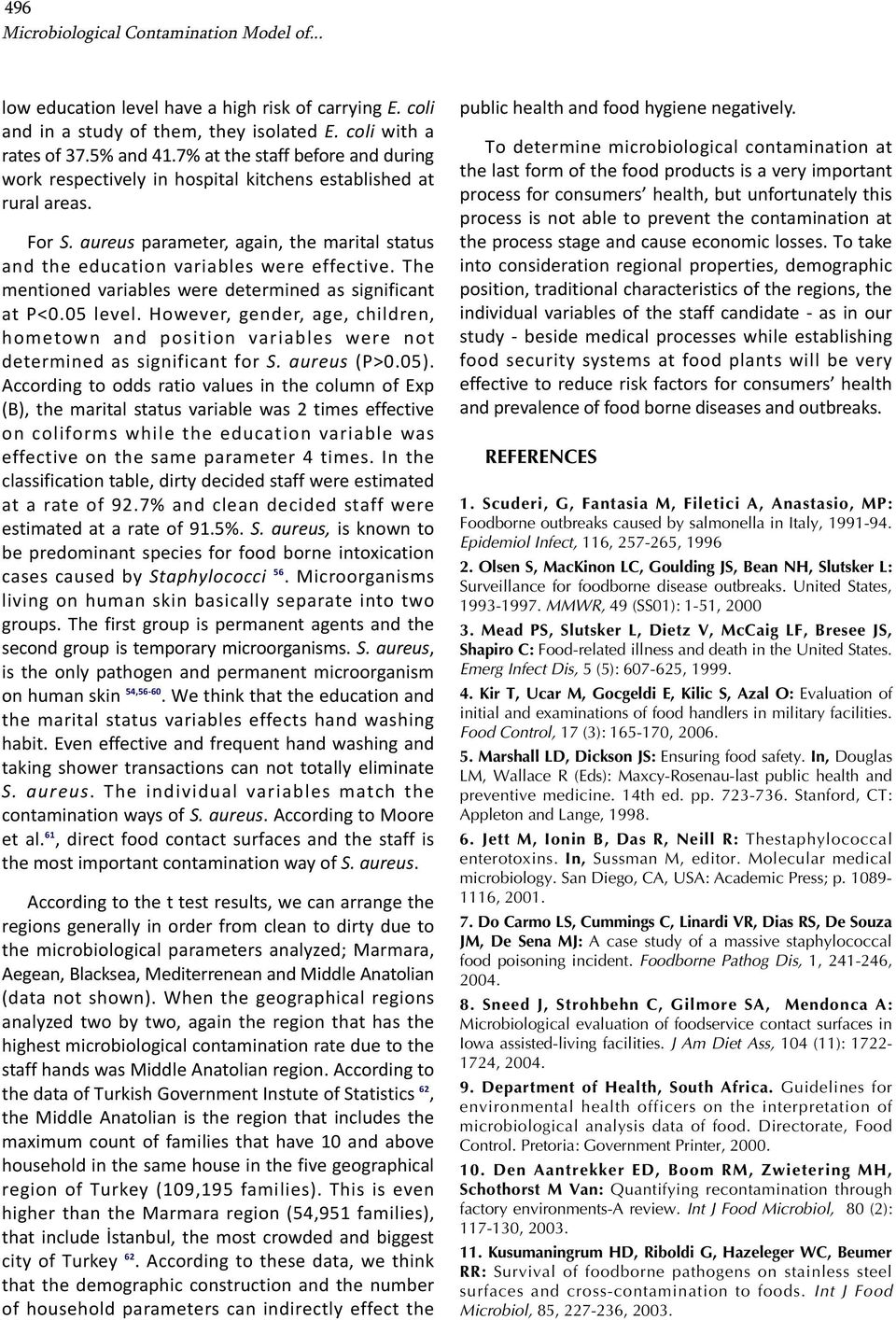 The mentioned variables were determined as significant at P<0.05 level. However, gender, age, children, hometown and position variables were not determined as significant for S. aureus (P>0.05).