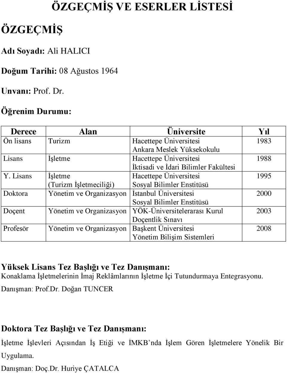 Lisans İşletme Hacettepe Üniversitesi (Turizm İşletmeciliği) Sosyal Bilimler Enstitüsü Doktora Yönetim ve Organizasyon İstanbul Üniversitesi Sosyal Bilimler Enstitüsü Doçent Yönetim ve Organizasyon