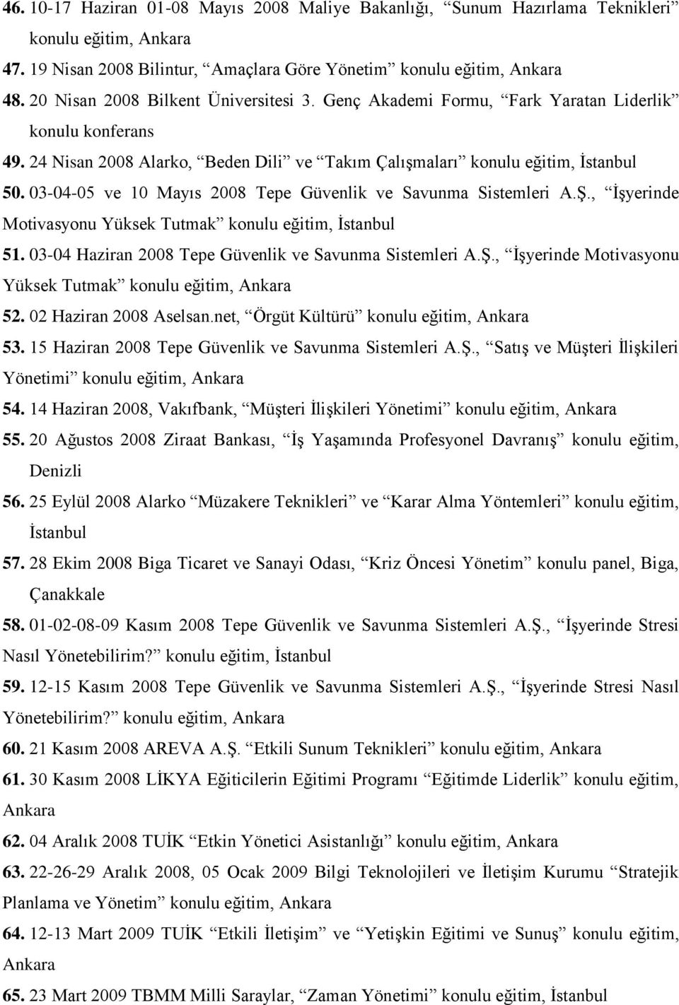 03-04-05 ve 10 Mayıs 2008 Tepe Güvenlik ve Savunma Sistemleri A.Ş., İşyerinde Motivasyonu Yüksek Tutmak konulu eğitim, İstanbul 51. 03-04 Haziran 2008 Tepe Güvenlik ve Savunma Sistemleri A.Ş., İşyerinde Motivasyonu Yüksek Tutmak konulu eğitim, Ankara 52.