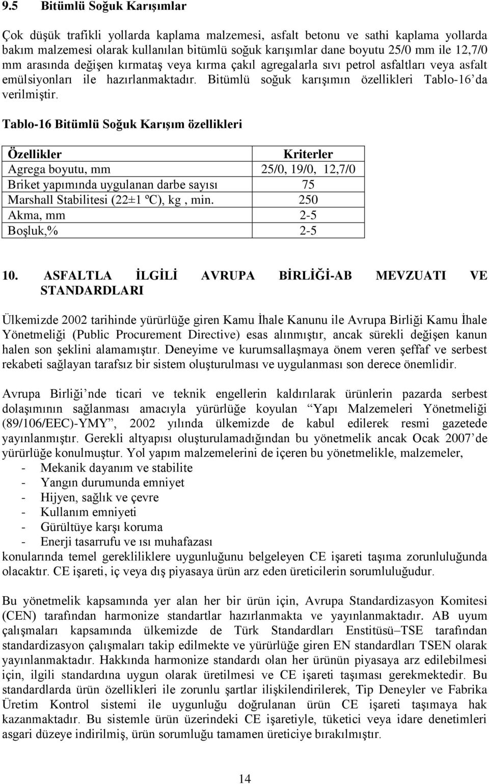 Tablo-16 Bitümlü Soğuk Karışım özellikleri Özellikler Kriterler Agrega boyutu, mm 25/0, 19/0, 12,7/0 Briket yapımında uygulanan darbe sayısı 75 Marshall Stabilitesi (22±1 ºC), kg, min.