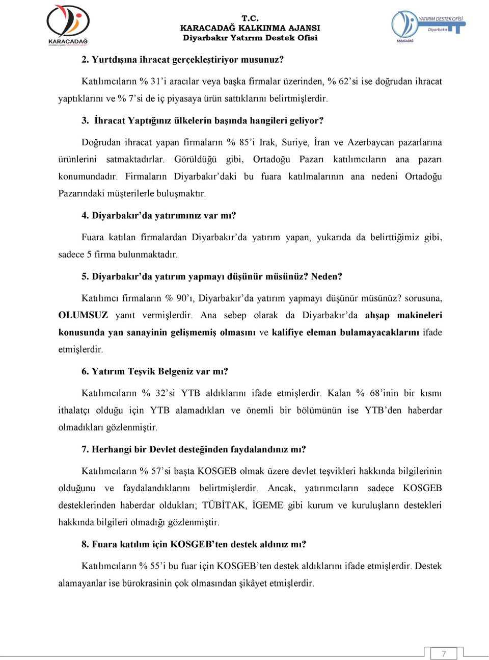 Doğrudan ihracat yapan firmaların % 85 i Irak, Suriye, İran ve Azerbaycan pazarlarına ürünlerini satmaktadırlar. Görüldüğü gibi, Ortadoğu Pazarı katılımcıların ana pazarı konumundadır.