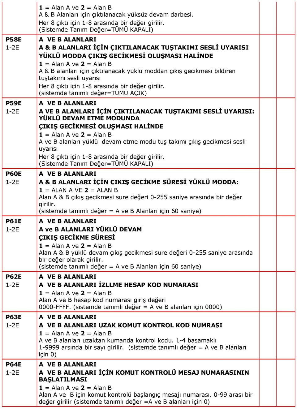 çıktılanacak yüklü moddan çıkış gecikmesi bildiren tuştakımı sesli uyarısı Her 8 çıktı için 1-8 arasında bir değer girilir.