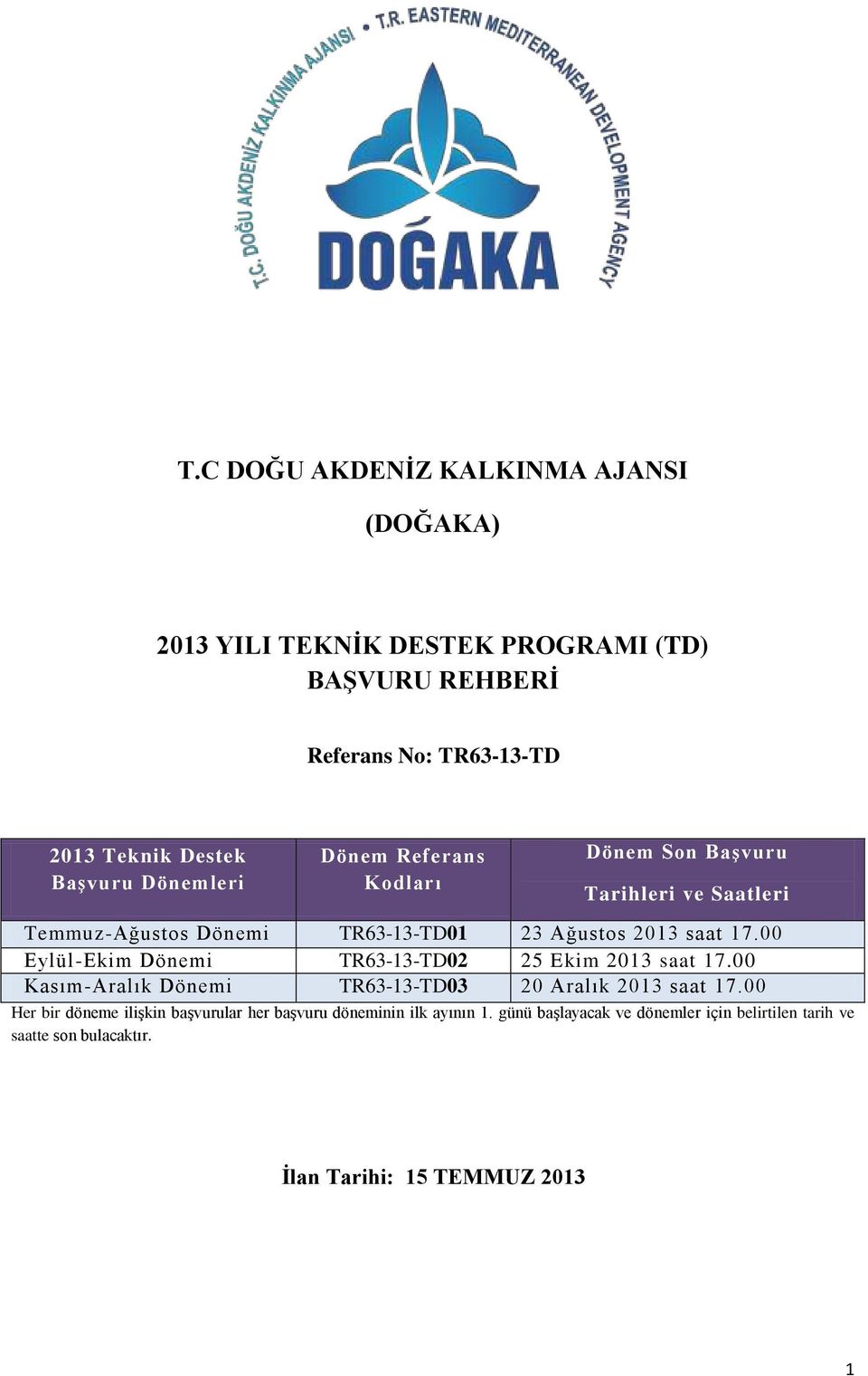 00 Eylül-Ekim Dönemi TR63-13-TD02 25 Ekim 2013 saat 17.00 Kasım-Aralık Dönemi TR63-13-TD03 20 Aralık 2013 saat 17.