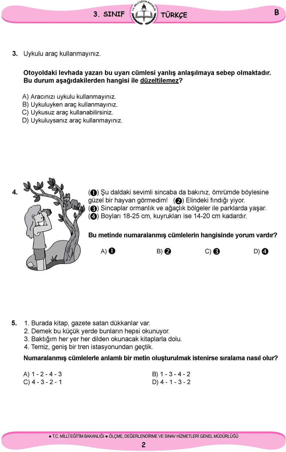 ( ) Şu daldaki sevimli sincaba da bakınız, ömrümde böylesine güzel bir hayvan görmedim! ( ) Elindeki fındığı yiyor. ( ) Sincaplar ormanlık ve ağaçlık bölgeler ile parklarda yaşar.