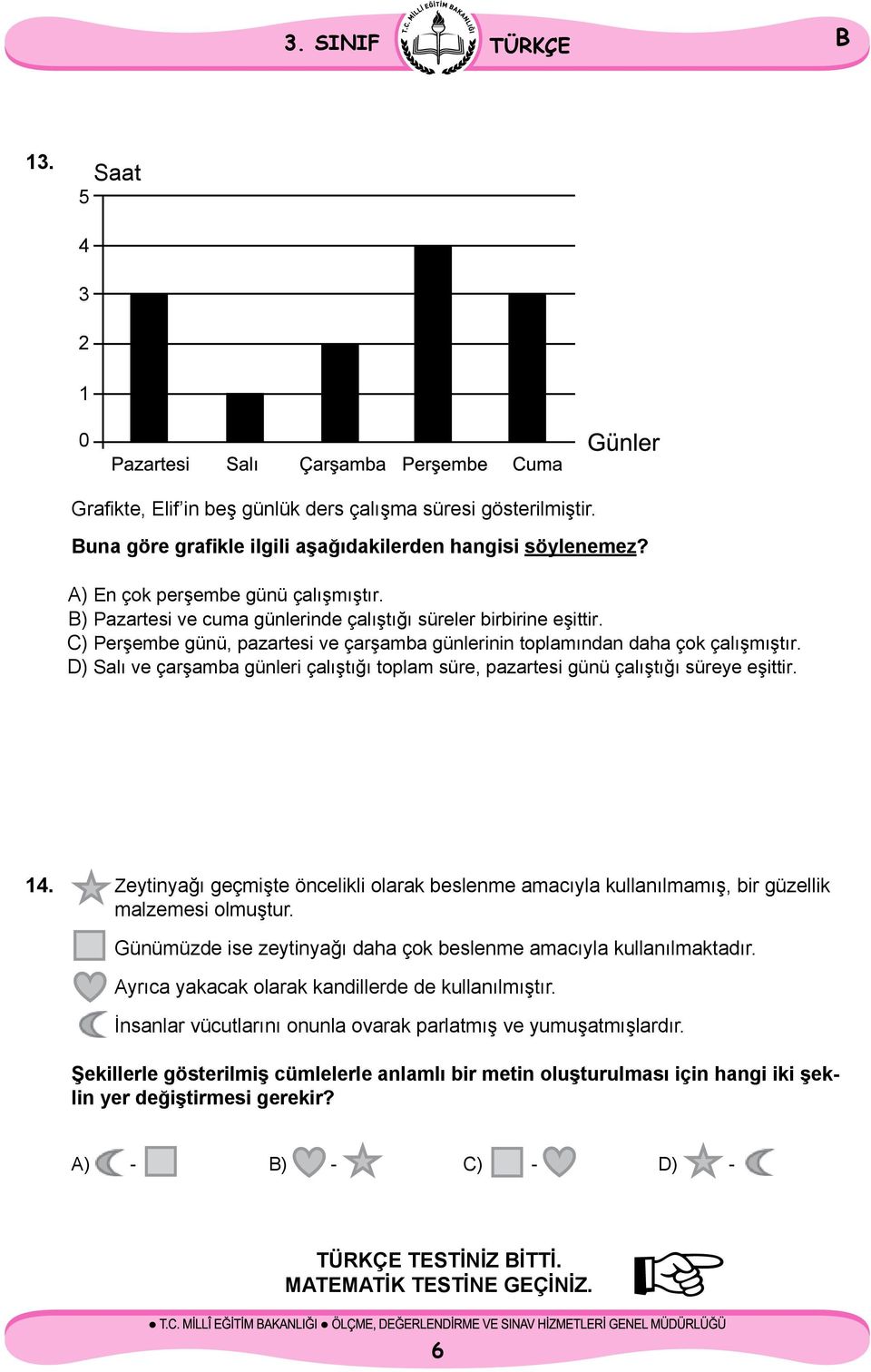 D) Salı ve çarşamba günleri çalıştığı toplam süre, pazartesi günü çalıştığı süreye eşittir. 14. Zeytinyağı geçmişte öncelikli olarak beslenme amacıyla kullanılmamış, bir güzellik malzemesi olmuştur.