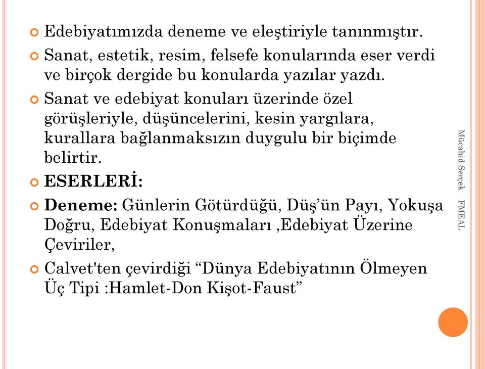 Sanat ve edebiyat konuları üzerinde özel görüşleriyle, düşüncelerini, kesin yargılara, kurallara bağlanmaksızın duygulu