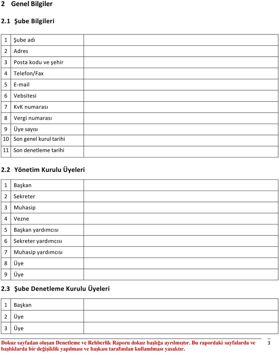 numarası 8 Vergi numarası 9 Üye sayısı 10 Son genel kurul tarihi 11 Son denetleme tarihi 2.