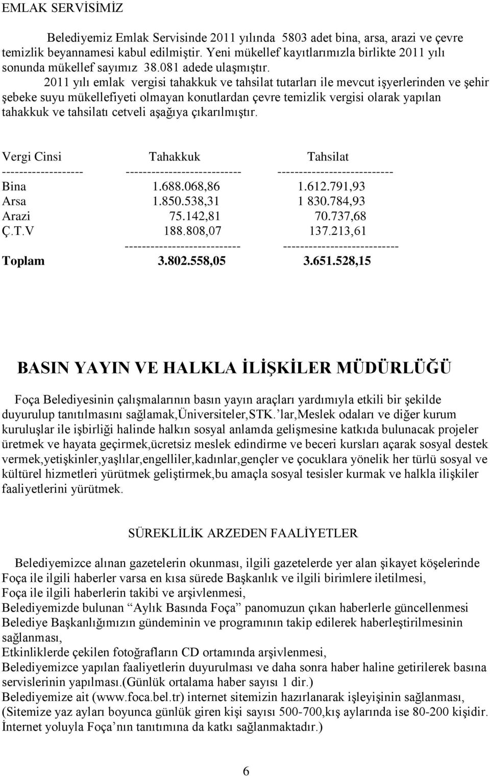 2011 yılı emlak vergisi tahakkuk ve tahsilat tutarları ile mevcut işyerlerinden ve şehir şebeke suyu mükellefiyeti olmayan konutlardan çevre temizlik vergisi olarak yapılan tahakkuk ve tahsilatı