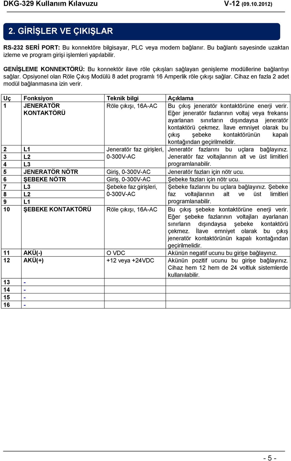 Cihaz en fazla 2 adet modül bağlanmasına izin verir. Uç Fonksiyon Teknik bilgi Açıklama 1 JENERATÖR KONTAKTÖRÜ Röle çıkışı, 16A-AC Bu çıkış jeneratör kontaktörüne enerji verir.