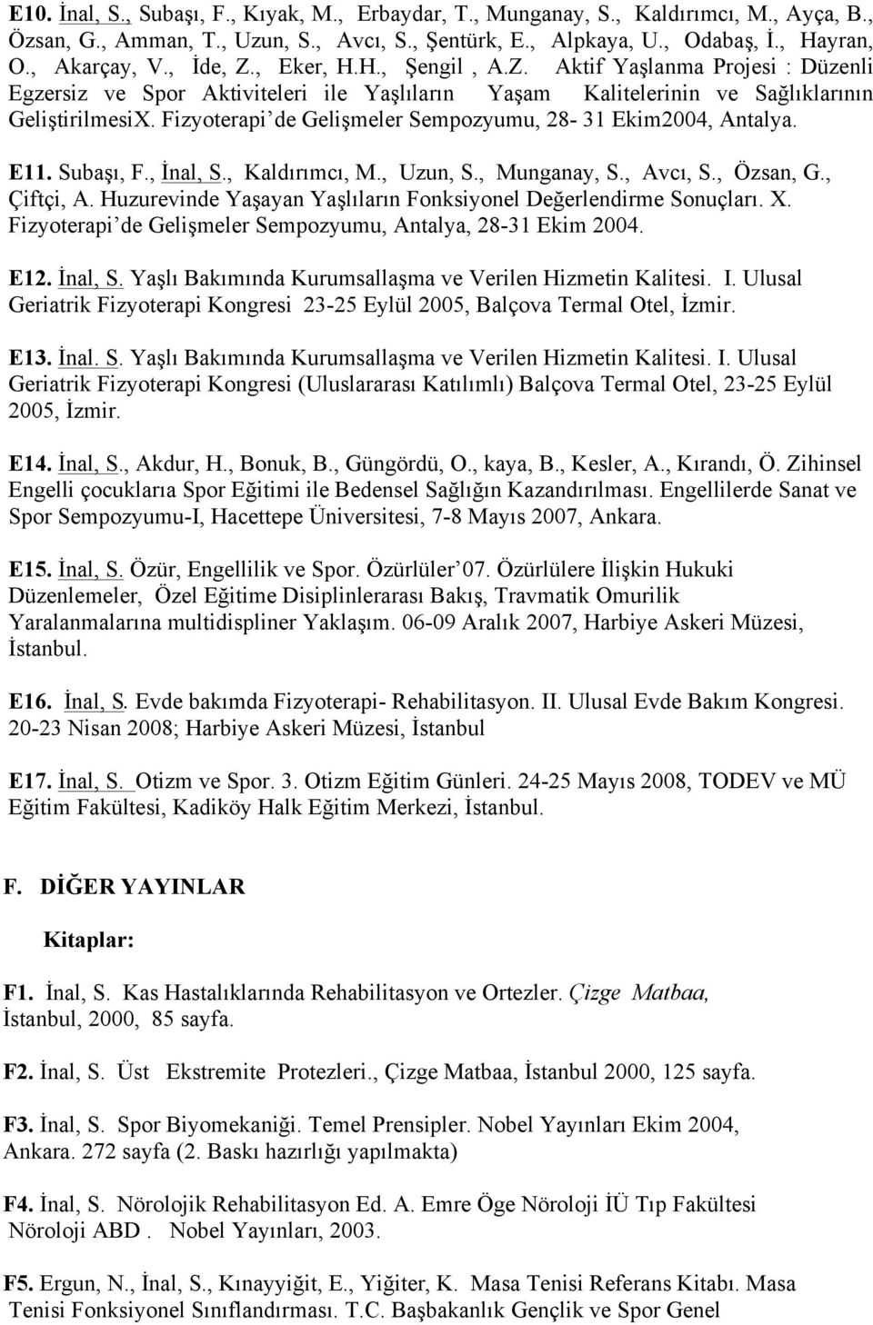 Fizyoterapi de Gelişmeler Sempozyumu, 8 31 Ekim004, Antalya. E11. Subaşı, F., İnal, S., Kaldırımcı, M., Uzun, S., Munganay, S., Avcı, S., Özsan, G., Çiftçi, A.