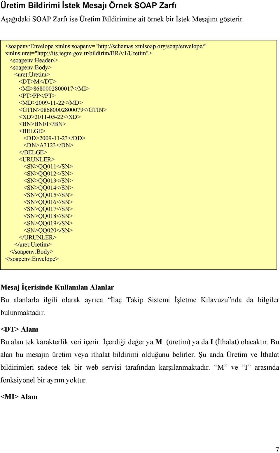 tr/bildirim/br/v1/uretim"> <soapenv:header/> <soapenv:body> <uret:uretim> <DT>M</DT> <MI>8680002800017</MI> <PT>PP</PT> <MD>2009-11-22</MD> <XD>2011-05-22</XD> <BN>BN01</BN> <BELGE>