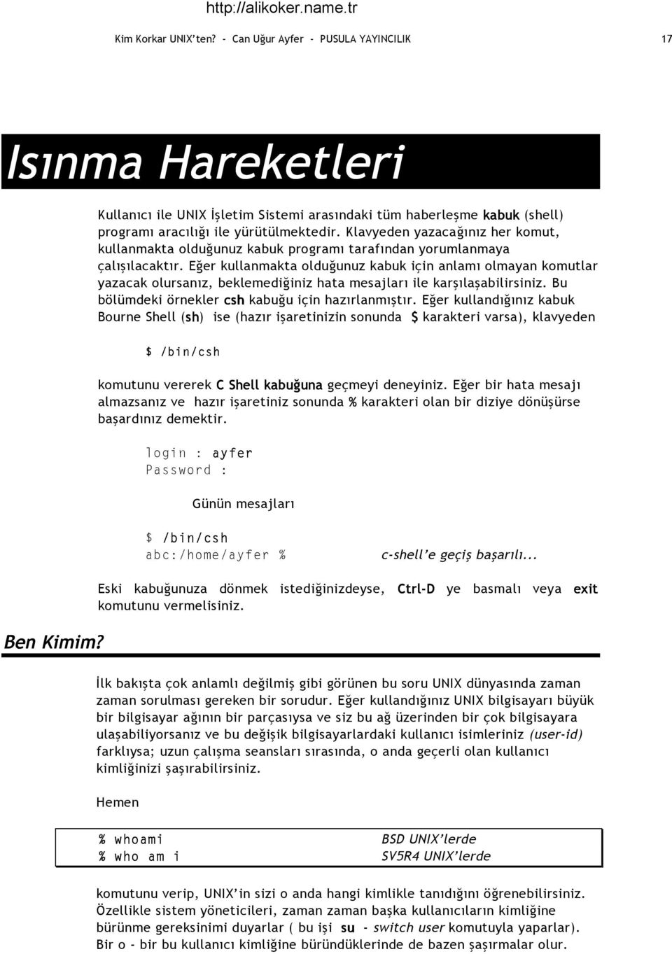 Eğer kullanmakta olduğunuz kabuk için anlamı olmayan komutlar yazacak olursanız, beklemediğiniz hata mesajları ile karşılaşabilirsiniz. Bu bölümdeki örnekler csh kabuğu için hazırlanmıştır.