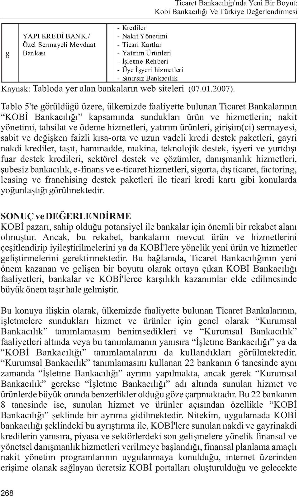 Boyut: Kobi Bankacýlýðý Ve Türkiye Deðerlendirmesi Kaynak: Tabloda yer alan bankalarýn web siteleri (07.01.2007).