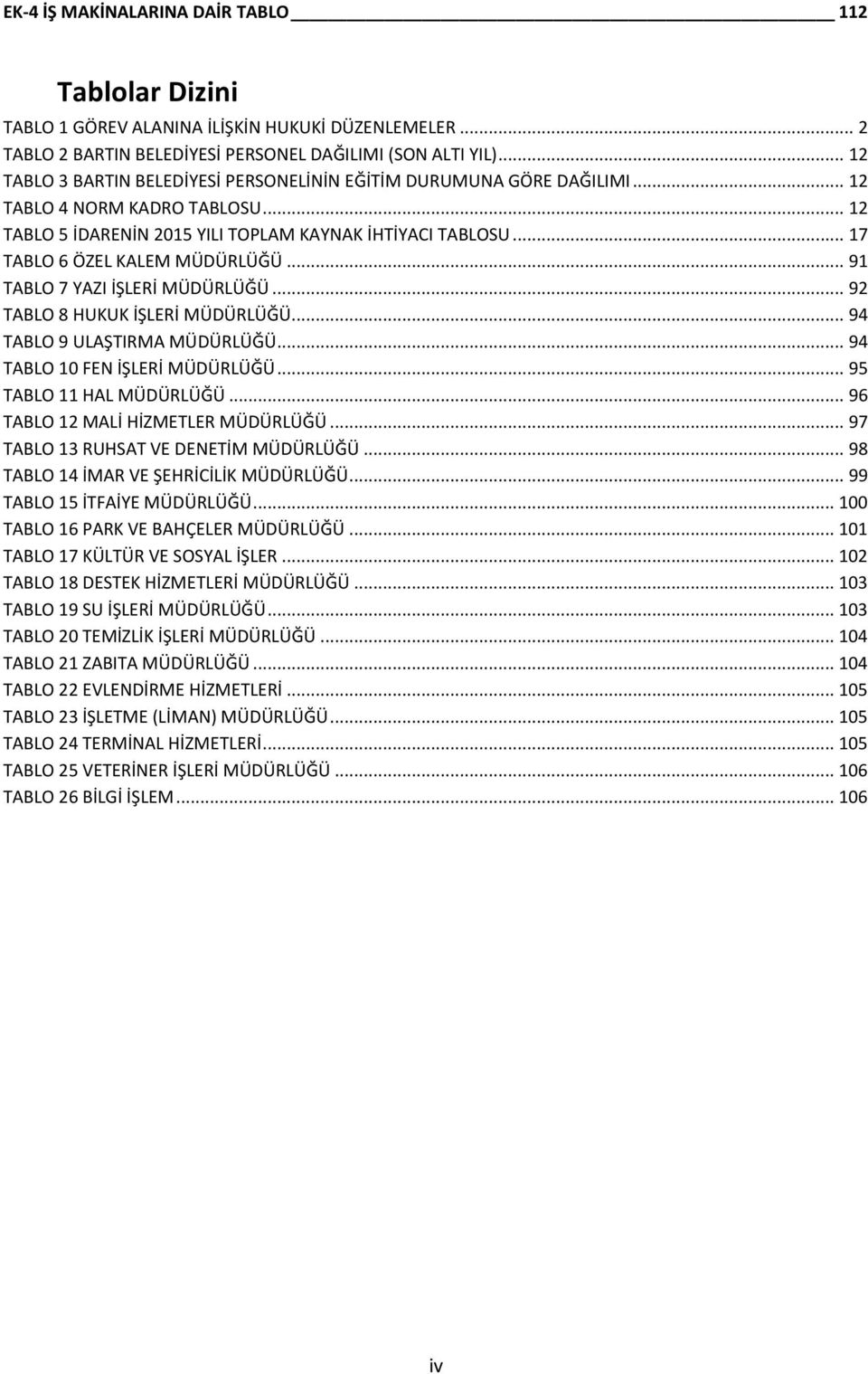 .. 17 TABLO 6 ÖZEL KALEM MÜDÜRLÜĞÜ... 91 TABLO 7 YAZI İŞLERİ MÜDÜRLÜĞÜ... 92 TABLO 8 HUKUK İŞLERİ MÜDÜRLÜĞÜ... 94 TABLO 9 ULAŞTIRMA MÜDÜRLÜĞÜ... 94 TABLO 10 FEN İŞLERİ MÜDÜRLÜĞÜ.