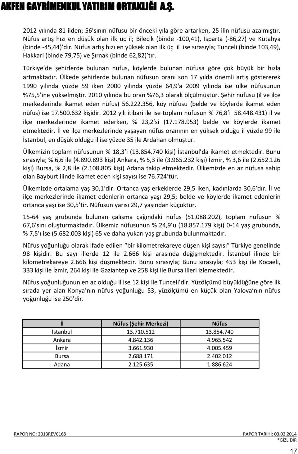 Nüfus artış hızı en yüksek olan ilk üç il ise sırasıyla; Tunceli (binde 103,49), Hakkari (binde 79,75) ve Şırnak (binde 62,82) tır.