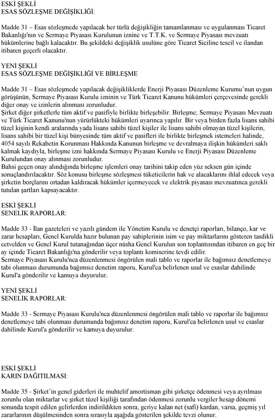 ESAS SÖZLEŞME DEĞİŞİKLİĞİ VE BİRLEŞME Madde 31 Esas sözleşmede yapılacak değişikliklerde Enerji Piyasası Düzenleme Kurumu nun uygun görüşünün, Sermaye Piyasası Kurulu izninin ve Türk Ticaret Kanunu