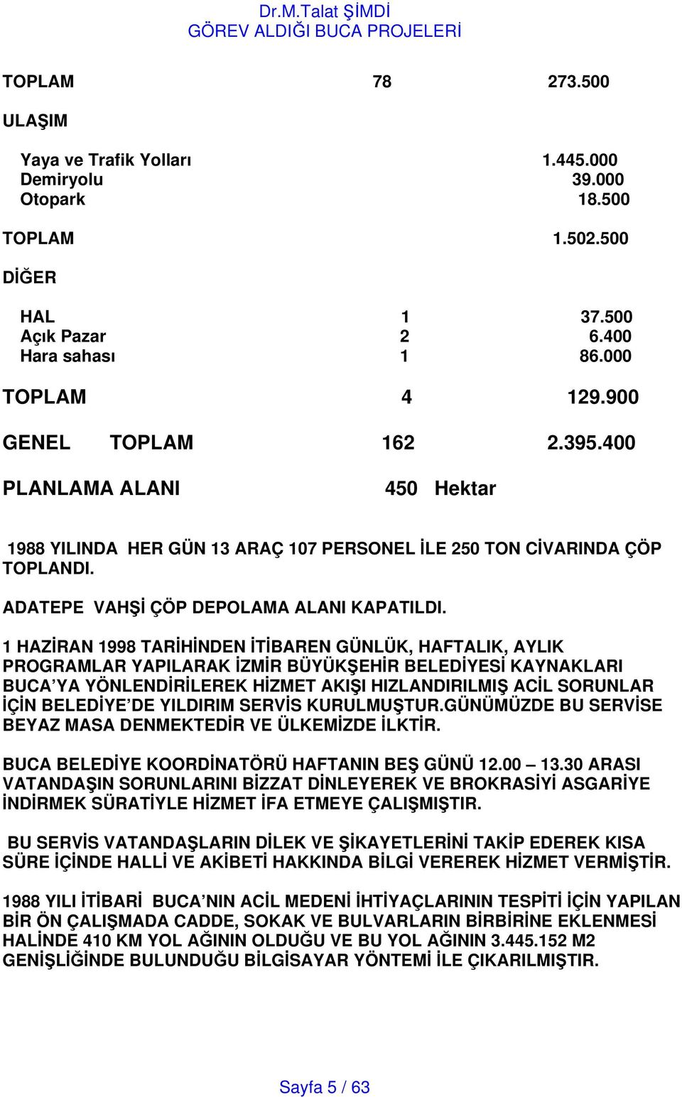 1 HAZRAN 1998 TARHNDEN TBAREN GÜNLÜK, HAFTALIK, AYLIK PROGRAMLAR YAPILARAK ZMR BÜYÜKEHR BELEDYES KAYNAKLARI BUCA YA YÖNLENDRLEREK HZMET AKII HIZLANDIRILMI ACL SORUNLAR ÇN BELEDYE DE YILDIRIM SERVS