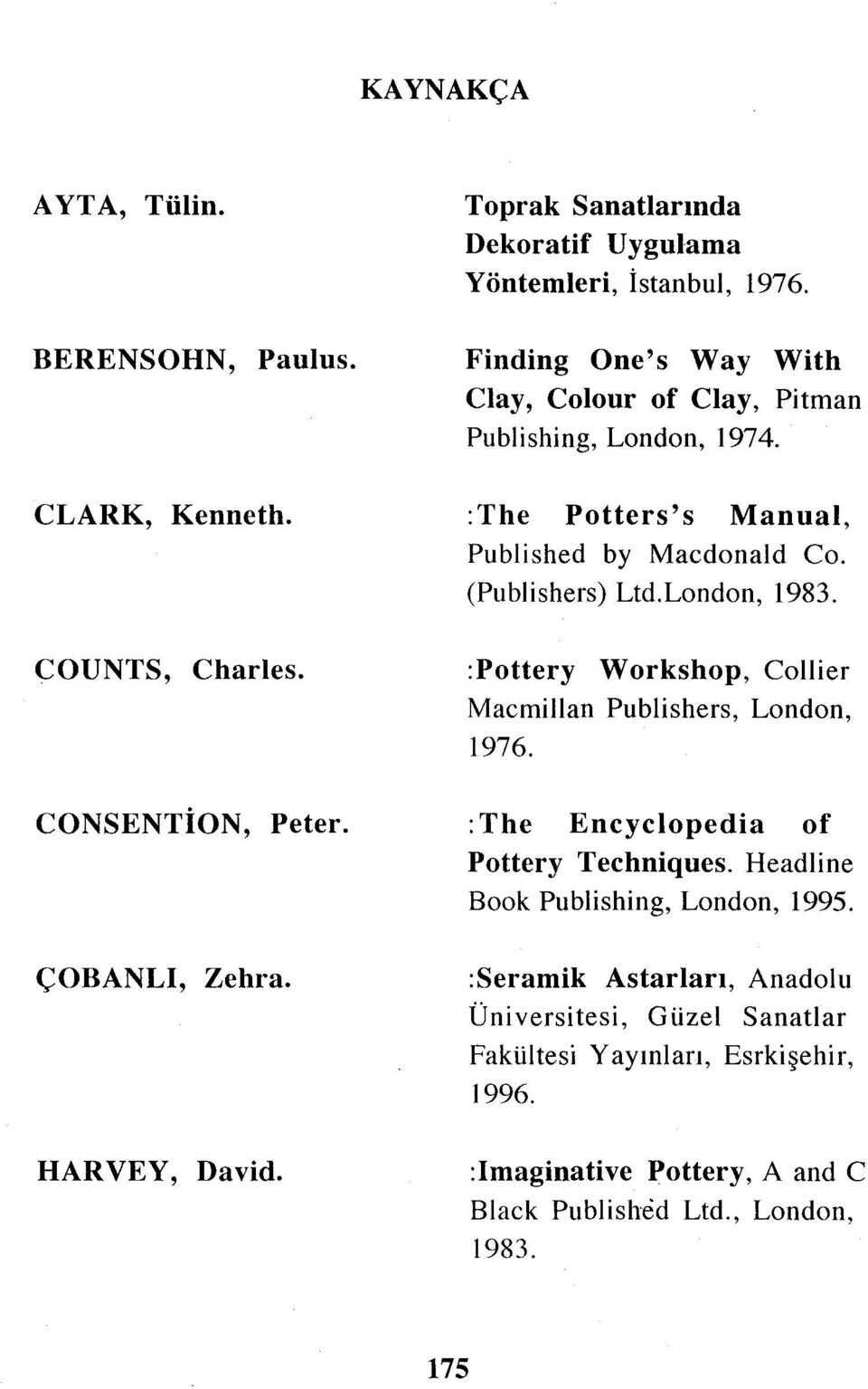 London, 1983. COUNTS, Charles. :Pottery Workshop, Collier Macmillan Publishers, London, 1976. CONSENTİoN, Peter. ÇOBANLI, Zehra. HARVEY, David.