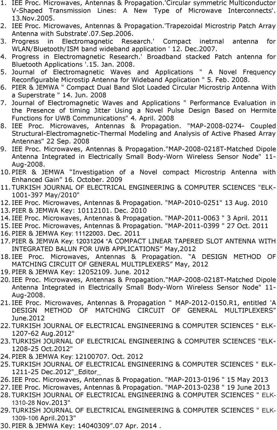 15. Jan. 2008. 5. Journal of Electromagnetic Waves and Applications " A Novel Frequency Reconfigurable Microstip Antenna for Wideband Application " 5. Feb. 2008. 6.