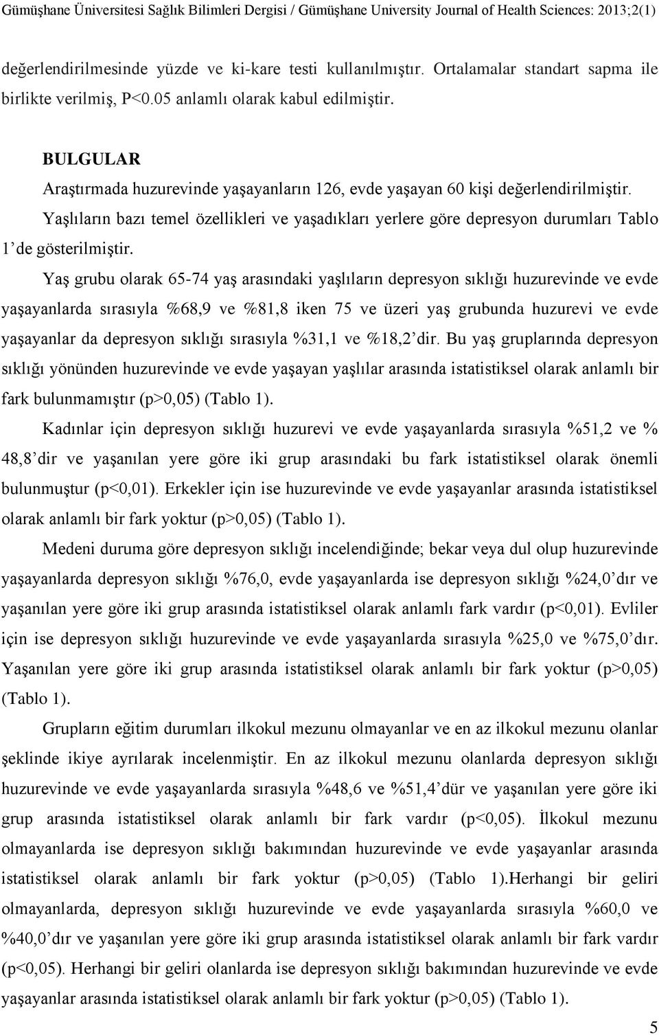 Yaşlıların bazı temel özellikleri ve yaşadıkları yerlere göre depresyon durumları Tablo 1 de gösterilmiştir.