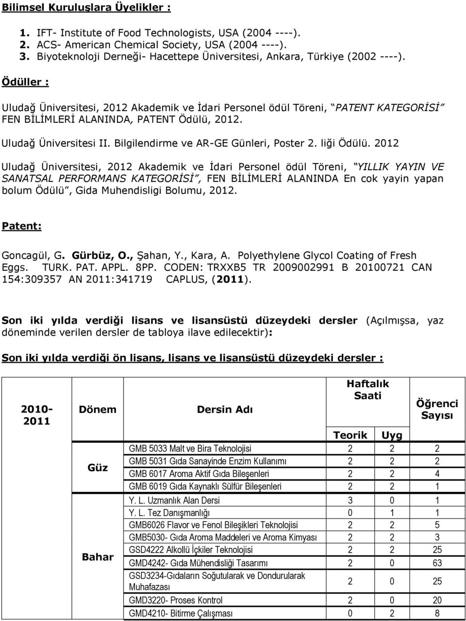 Ödüller : Uludağ Üniversitesi, 2012 Akademik ve İdari Personel ödül Töreni, PATENT KATEGORİSİ FEN BİLİMLERİ ALANINDA, PATENT Ödülü, 2012. Uludağ Üniversitesi II.