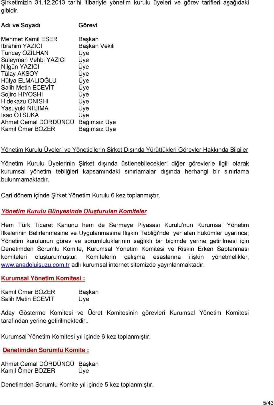 Sojiro HIYOSHI Üye Hidekazu ONISHI Üye Yasuyuki NIIJIMA Üye Isao OTSUKA Üye Ahmet Cemal DÖRDÜNCÜ Bağımsız Üye Kamil Ömer BOZER Bağımsız Üye Yönetim Kurulu Üyeleri ve Yöneticilerin Şirket Dışında