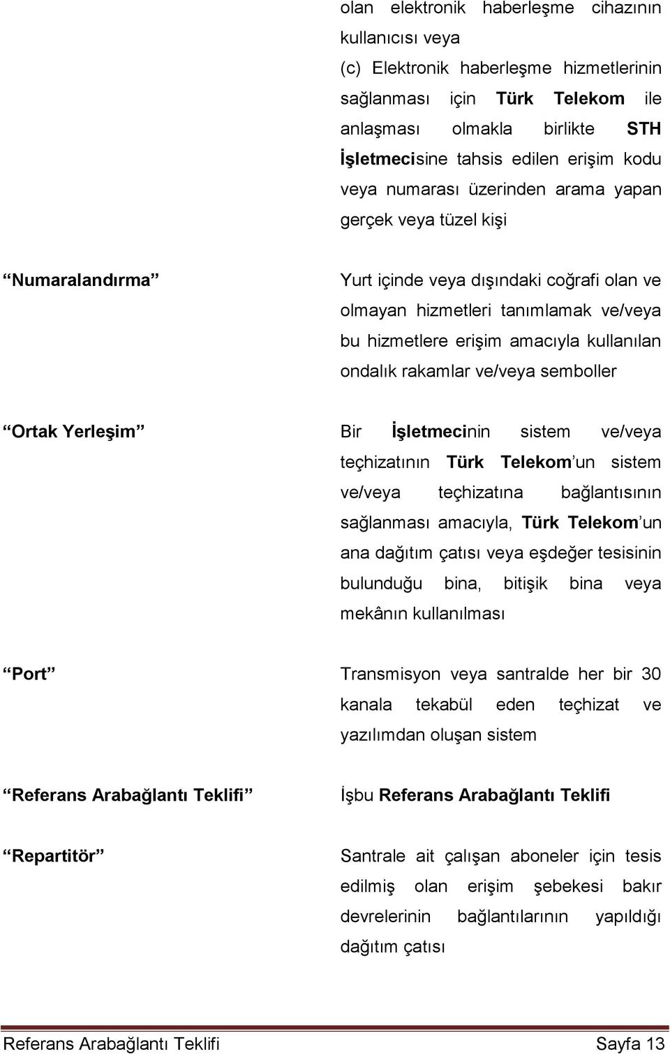 ondalık rakamlar ve/veya semboller Ortak Yerleşim Bir İşletmecinin sistem ve/veya teçhizatının Türk Telekom un sistem ve/veya teçhizatına bağlantısının sağlanması amacıyla, Türk Telekom un ana