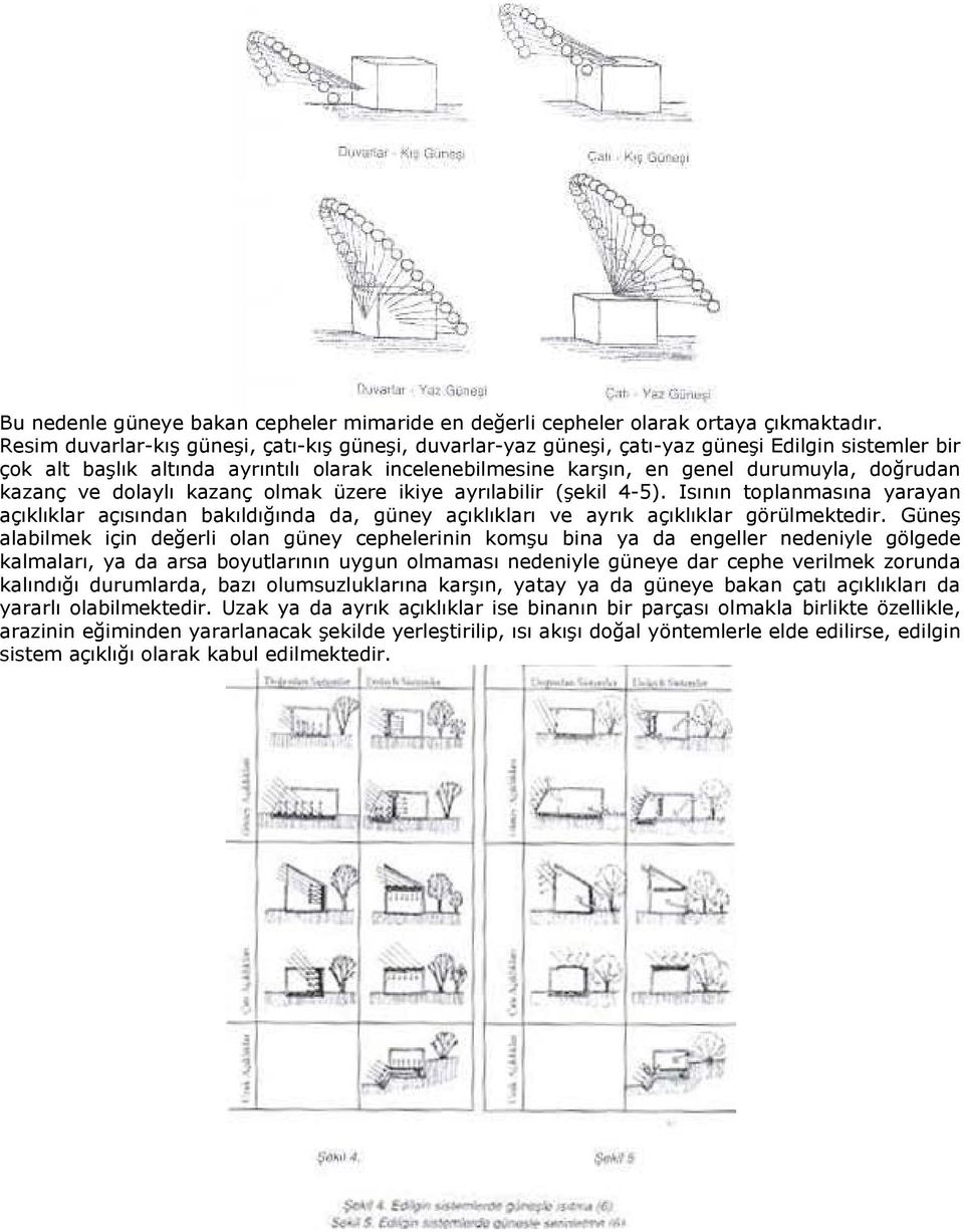 kazanç ve dolaylı kazanç olmak üzere ikiye ayrılabilir (şekil 4-5). Isının toplanmasına yarayan açıklıklar açısından bakıldığında da, güney açıklıkları ve ayrık açıklıklar görülmektedir.