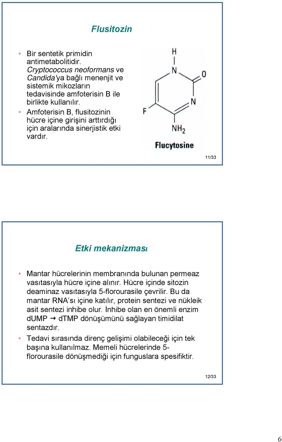 11/33 Etki mekanizması Mantar hücrelerinin membranında bulunan permeaz vasıtasıyla hücre içine alınır. Hücre içinde sitozin deaminaz vasıtasıyla 5-florourasile çevrilir.