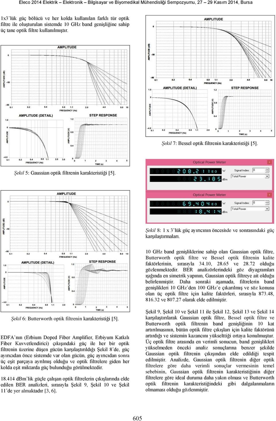 10 GHz band genişliklerine sahip olan Gaussian optik filtre, Butterworth optik filtre ve Bessel optik filtrenin kalite faktörlerinin, sırasıyla 34.10, 28.65 ve 28.72 olduğu gözlenmektedir.