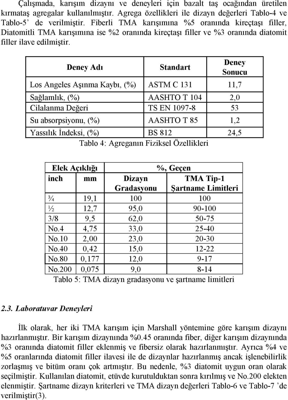 Adı Standart Sonucu Los Angeles Aşınma Kaybı, (%) ASTM C 131 11,7 Sağlamlık, (%) AASHTO T 104 2,0 Cilalanma Değeri TS EN 1097-8 53 Su absorpsiyonu, (%) AASHTO T 85 1,2 Yassılık İndeksi, (%) BS 812