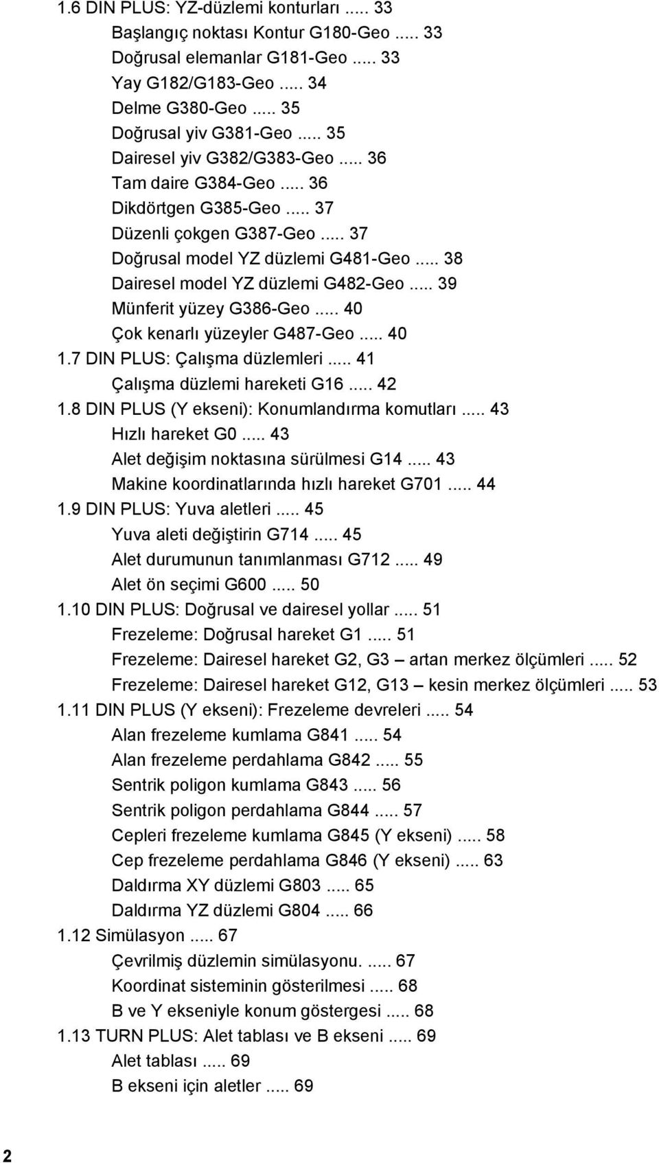 .. 39 Münferit yüzey G386-Geo... 40 Çok kenarlı yüzeyler G487-Geo... 40 1.7 DIN PLUS: Çalışma düzlemleri... 41 Çalışma düzlemi hareketi G16... 42 1.8 DIN PLUS (Y ekseni): Konumlandırma komutları.