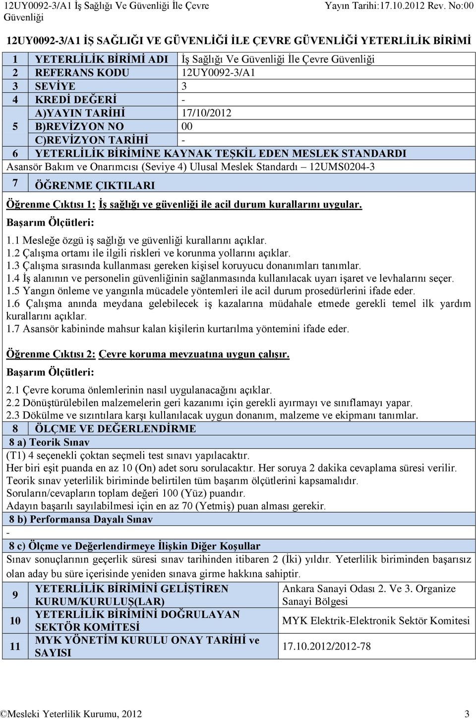 Bakım ve Onarımcısı (Seviye 4) Ulusal Meslek Standardı 12UMS0204-3 7 ÖĞRENME ÇIKTILARI Öğrenme Çıktısı 1: İş sağlığı ve güvenliği ile acil durum kurallarını uygular. 1.1 Mesleğe özgü iş sağlığı ve güvenliği kurallarını açıklar.