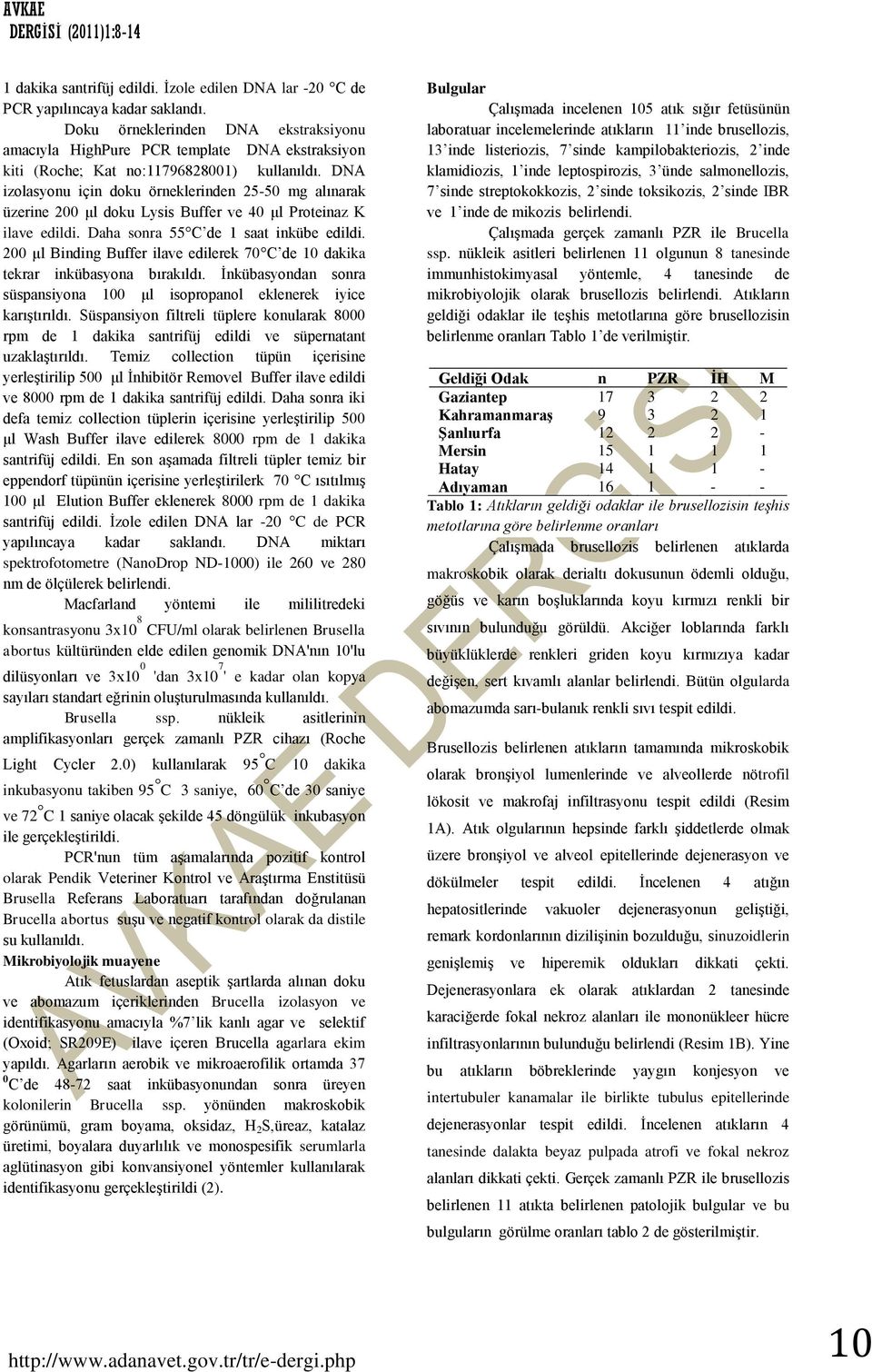 DNA izolasyonu için doku örneklerinden 25-50 mg alınarak üzerine 200 μl doku Lysis Buffer ve 40 μl Proteinaz K ilave edildi. Daha sonra 55 C de 1 saat inkübe edildi.