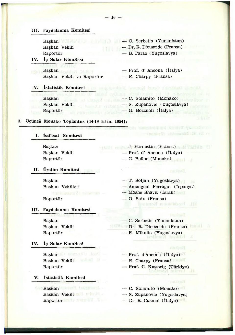 d' Ancona (İtalya) G. Belloc (Monako) II. Üretim Komitesi Vekilleri T. Soljan (Yugoslavya) Amengual Ferragut (İspanya) Moshe Shavit (İsrail) O. Saix (Fransa) III. Faydalanma Komitesi Vekili C.