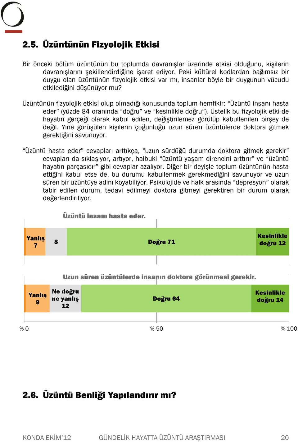 Üzüntünün fizyolojik etkisi olup olmadığı konusunda toplum hemfikir: Üzüntü insanı hasta eder (yüzde 84 oranında doğru ve kesinlikle doğru ).