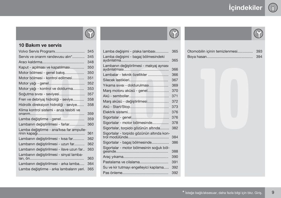 .. 358 Hidrolik direksiyon hidroliği - seviye... 358 Klima kontrol sistemi - arıza tesbiti ve onarım... 359 Lamba değiştirme - genel... 359 Lambanın değiştirilmesi - farlar.