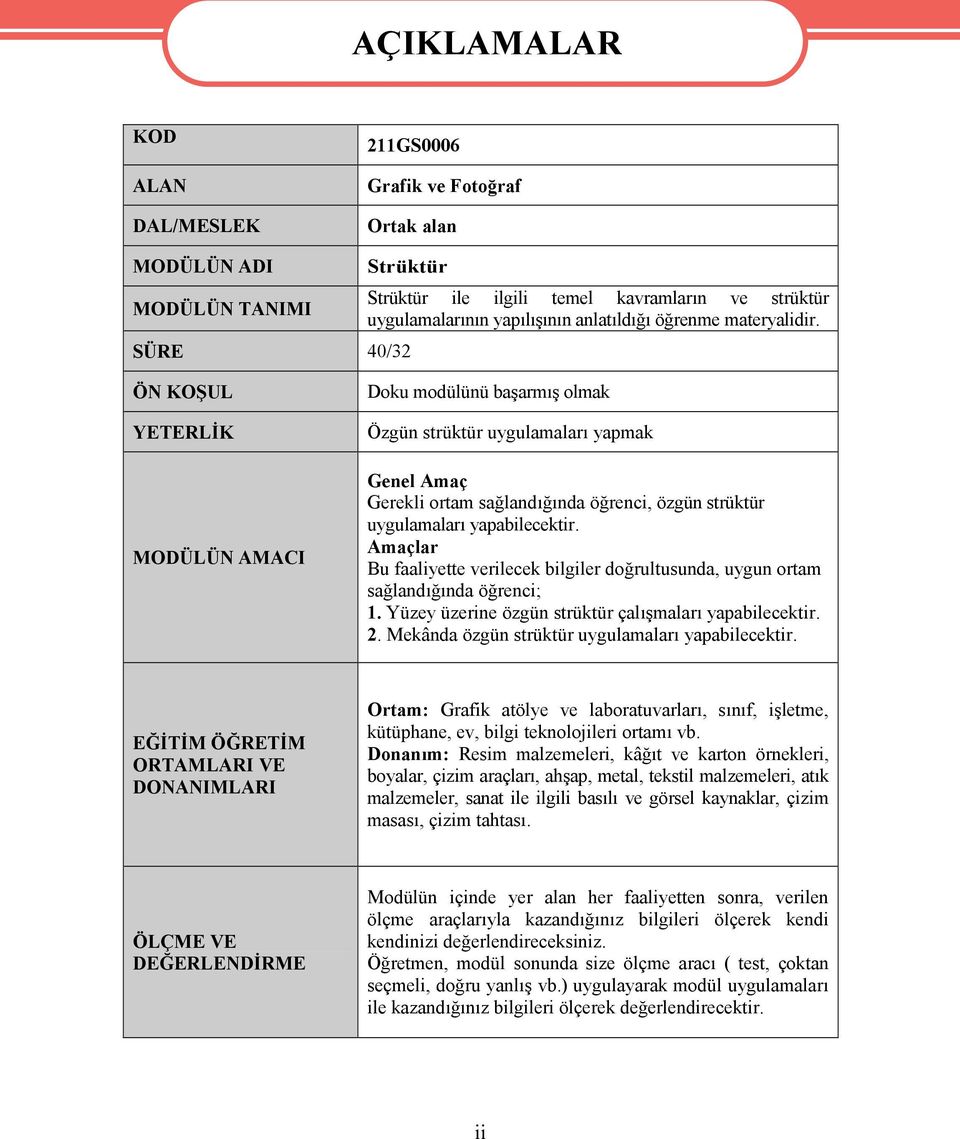 ÖN KOŞUL YETERLİK MODÜLÜN AMACI Doku modülünü başarmış olmak Özgün strüktür uygulamaları yapmak Genel Amaç Gerekli ortam sağlandığında öğrenci, özgün strüktür uygulamaları yapabilecektir.