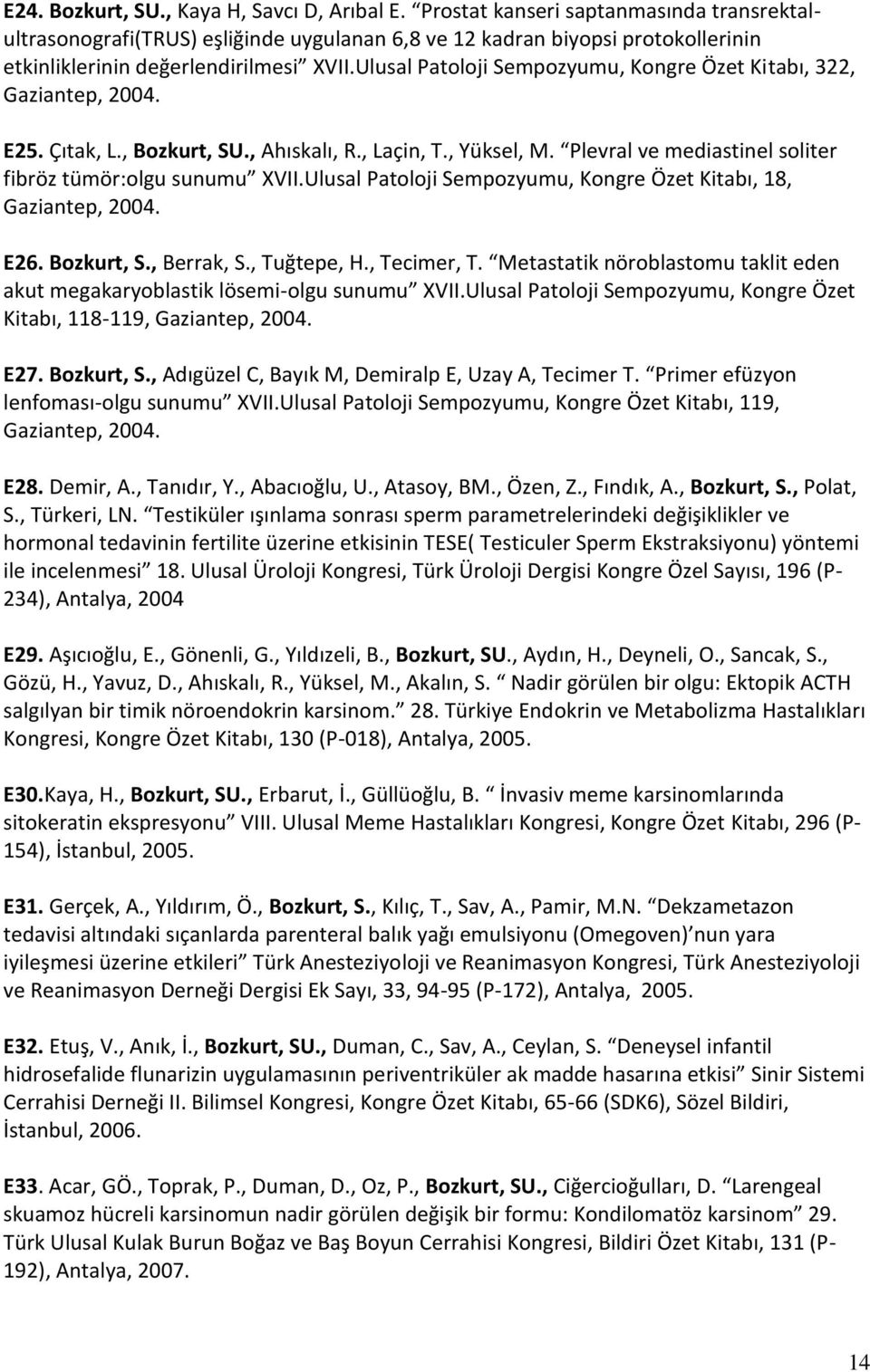 Ulusal Patoloji Sempozyumu, Kongre Özet Kitabı, 322, Gaziantep, 2004. E25. Çıtak, L., Bozkurt, SU., Ahıskalı, R., Laçin, T., Yüksel, M. Plevral ve mediastinel soliter fibröz tümör:olgu sunumu XVII.